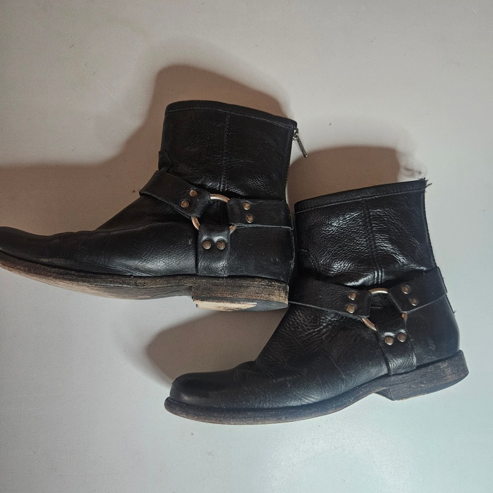 Frye Phillip Harness Black Leather Ankle Boots Moto Zip 8 B 3476870